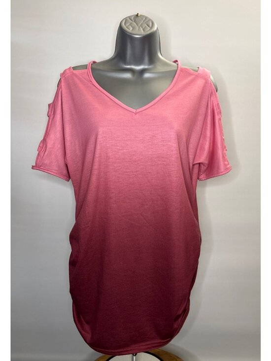 Tops - Women's V-Neck Pink Cutout Shoulder Shirt Ruched Side Seam Mauve Rose Tunic